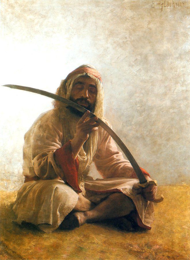 a painting of a man sitting on the ground with two swords in his hand and looking at something