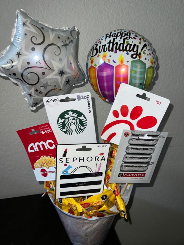 a starbucks birthday gift basket with balloons and gifts