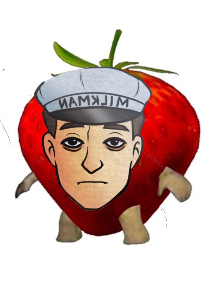 a drawing of a man wearing a hat on top of a large red strawberry with the words milkman written on it