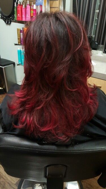 Brown to red ombre Dark Red Haircut, Brown With Red Tips Hair, Faded Dark Red Hair, Dark Red Fade Hair, Red Hair With Lighter Red Highlights, Wine Red Streaks In Black Hair, Red Tips On Dark Hair, Hair Dye For Brown Hair Ideas, Layered Hair Red Highlights