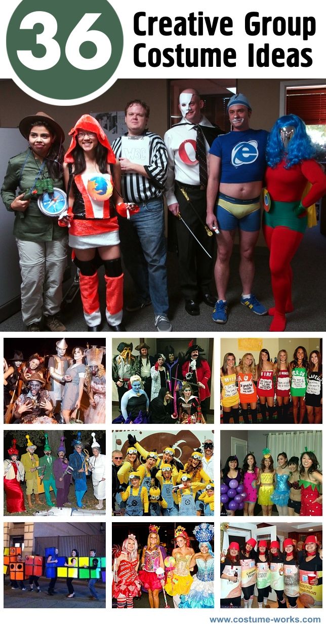 a group of people dressed up in costumes and posing for pictures with text overlay that reads 35 creative group costume ideas