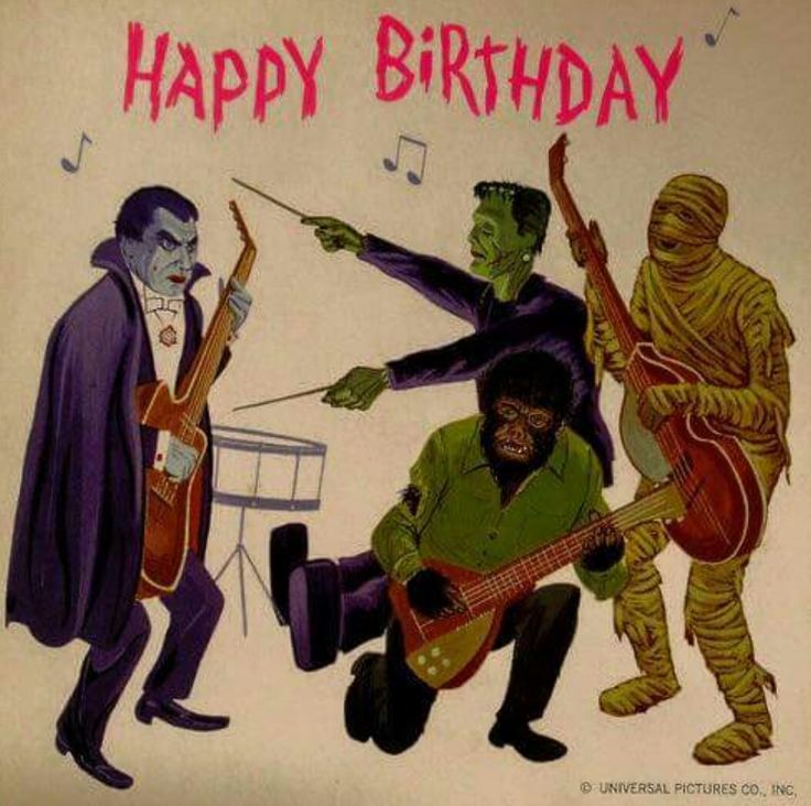 a birthday card with an image of three people playing guitars and one man holding a guitar