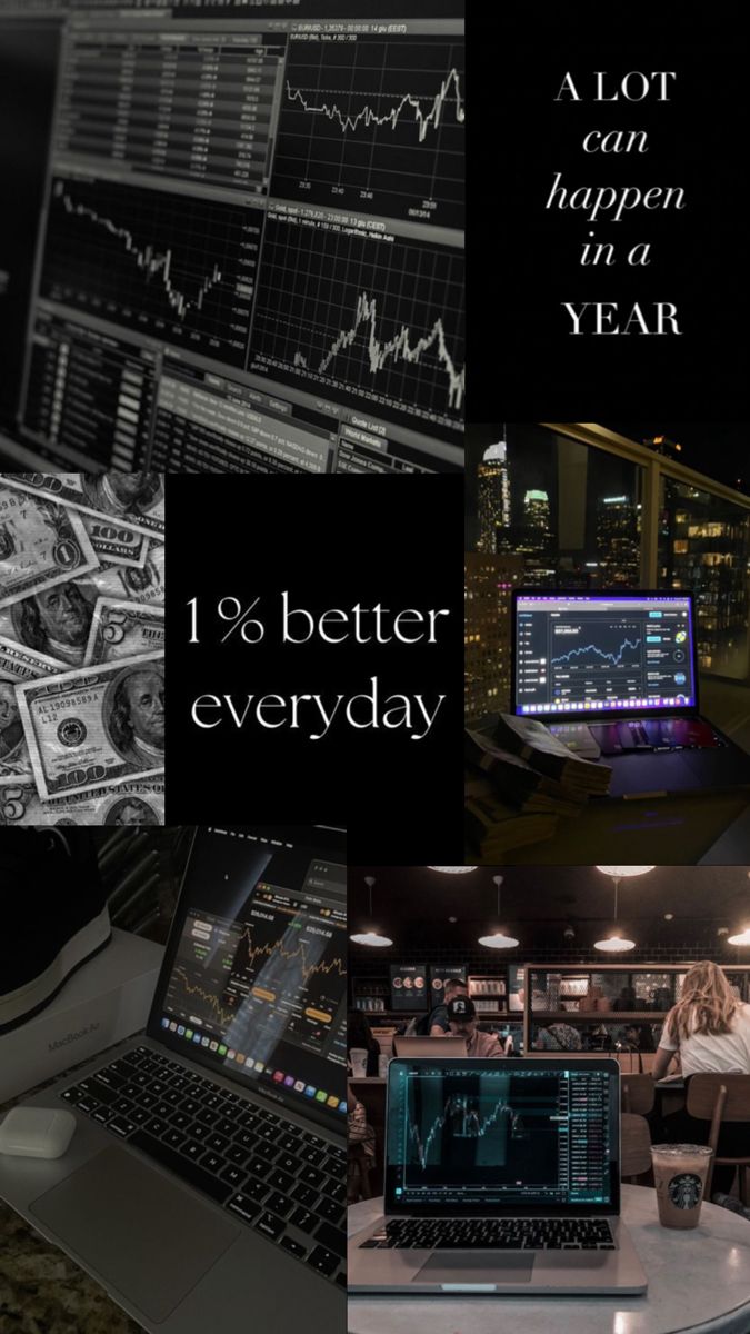 a collage of photos with laptops and money