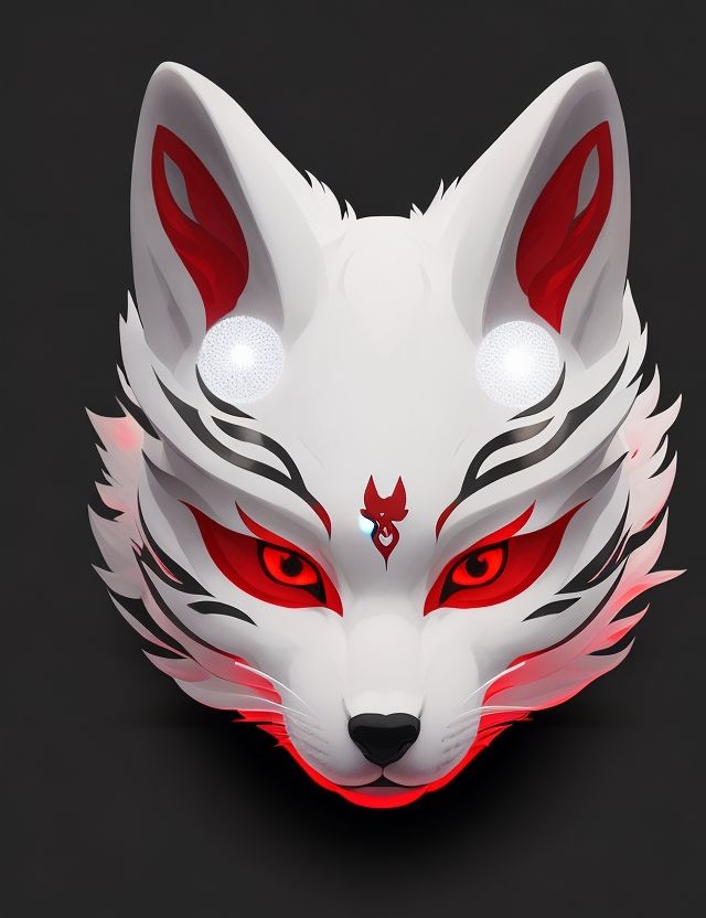 a white fox mask with red eyes on a black background in low poly art style