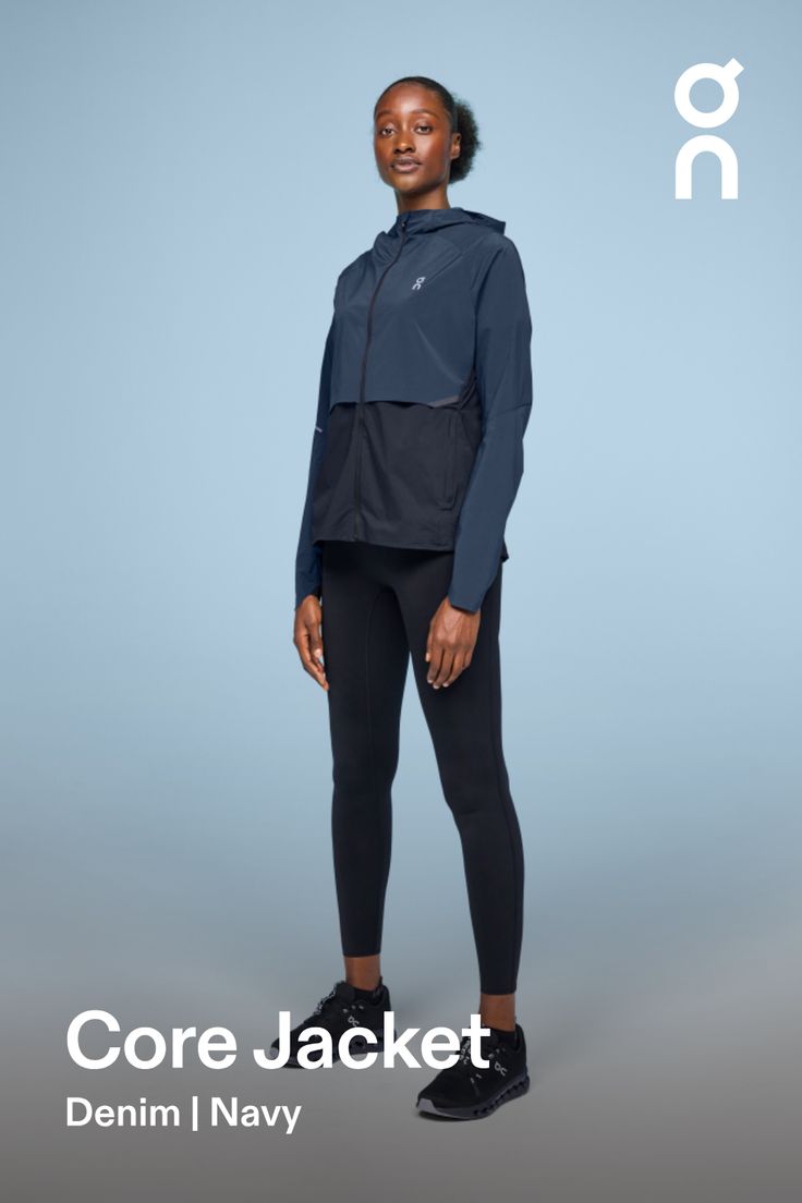 Cover up or pack it up – this versatile running jacket is your go-to basic for an everyday, all-weather wardrobe | On Women's Core Jacket in Denim/Navy, Size: Small. Cold weather running, breathable, packable Road Running. Performance Running | Recycled Polyamide Breathable Functional Windbreaker For Fall, Functional Blue Outerwear For Workout, Athleisure Nylon Outerwear For Running, Functional Workout Windbreaker With Pockets, Functional Moisture-wicking Windbreaker For Running, Casual Nylon Track Jacket For Running, Navy Athleisure Activewear For Outdoor, Sporty Nylon Outerwear For Running, Navy Outdoor Athleisure Activewear