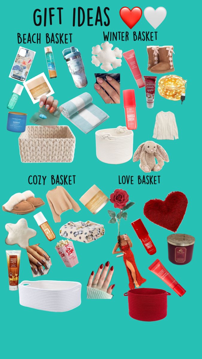 a poster with different types of items and words that say gift ideas, beach basket, winter basket, cozy basket, love basket