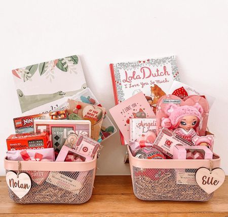 two baskets filled with lots of different items on top of a wooden table next to each other