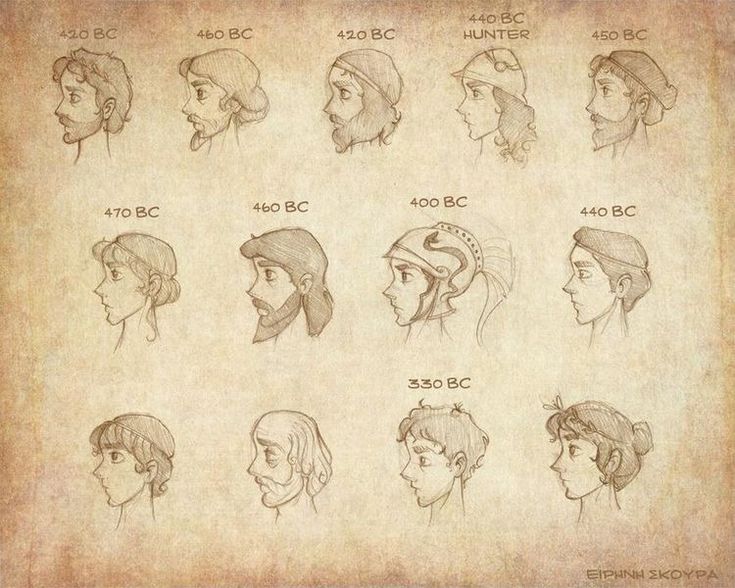 an old paper with some drawings of people's heads in different styles and hairstyles