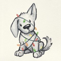 a drawing of a dog with christmas lights on it's collar