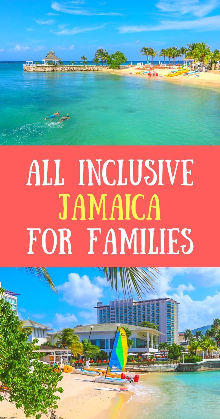 the beach with text overlaying all inclusive jamaica for families