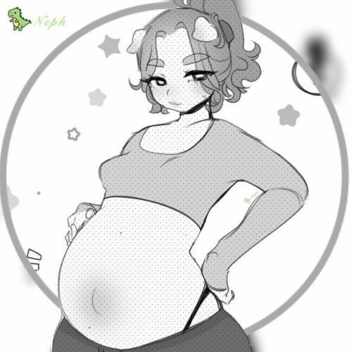 a pregnant woman with her belly drawn in black and white, is standing next to the camera