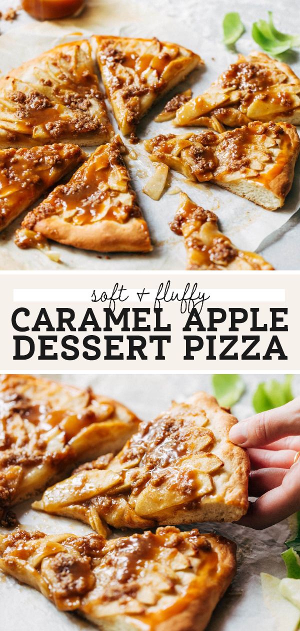 caramel apple dessert pizza is cut into slices