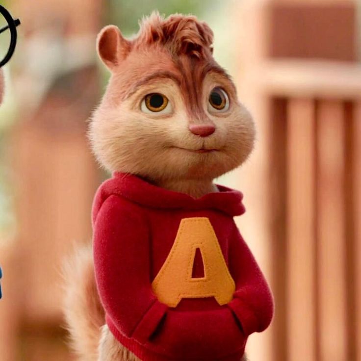 the chipmunz character is wearing a red sweatshirt and looking at something with his eyes wide open