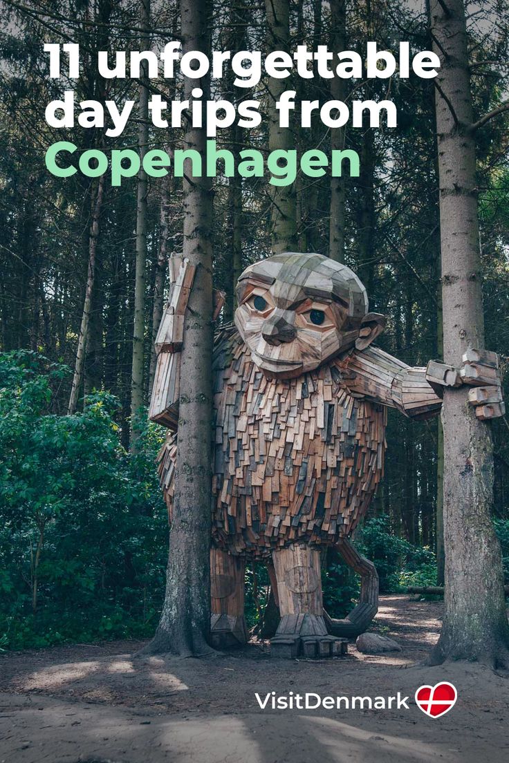 an image of a wooden trolly in the woods with text that reads, 11 unforgettable day trips from copenhagenn