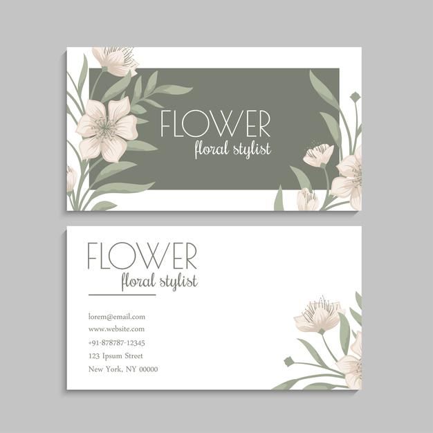 two business cards with flowers on the front and back, one is gray and white