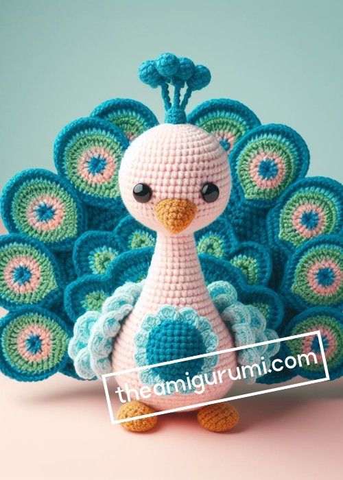 a crocheted peacock sitting on top of a pink table next to a blue wall