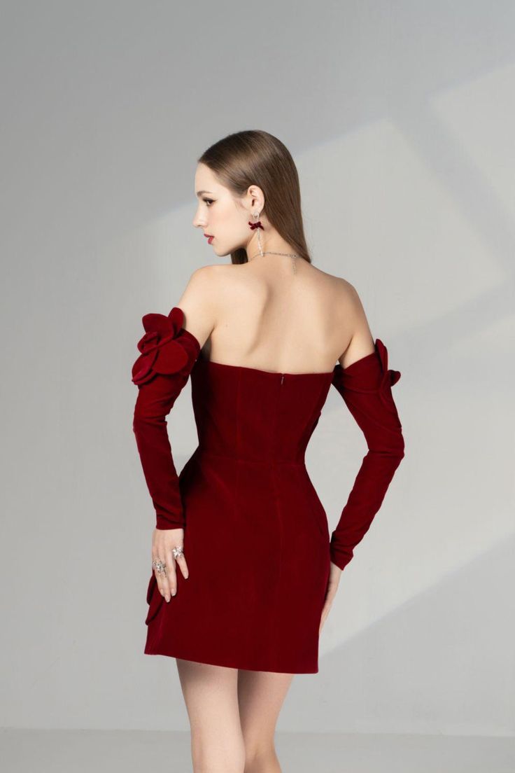 Amora A-line Cold Shoulder Sleeved Velvet Mini Dress | MEAN BLVD Elegant Red Evening Dress For Winter, Chic Banquet Dress For Winter, Chic Winter Banquet Dress, Chic Winter Dress For Banquets, Elegant Red A-line Evening Dress, Elegant A-line Evening Dress For Winter, Elegant Red A-line Dress, Elegant Fitted Evening Dress For Winter, Burgundy Formal Dress For Winter