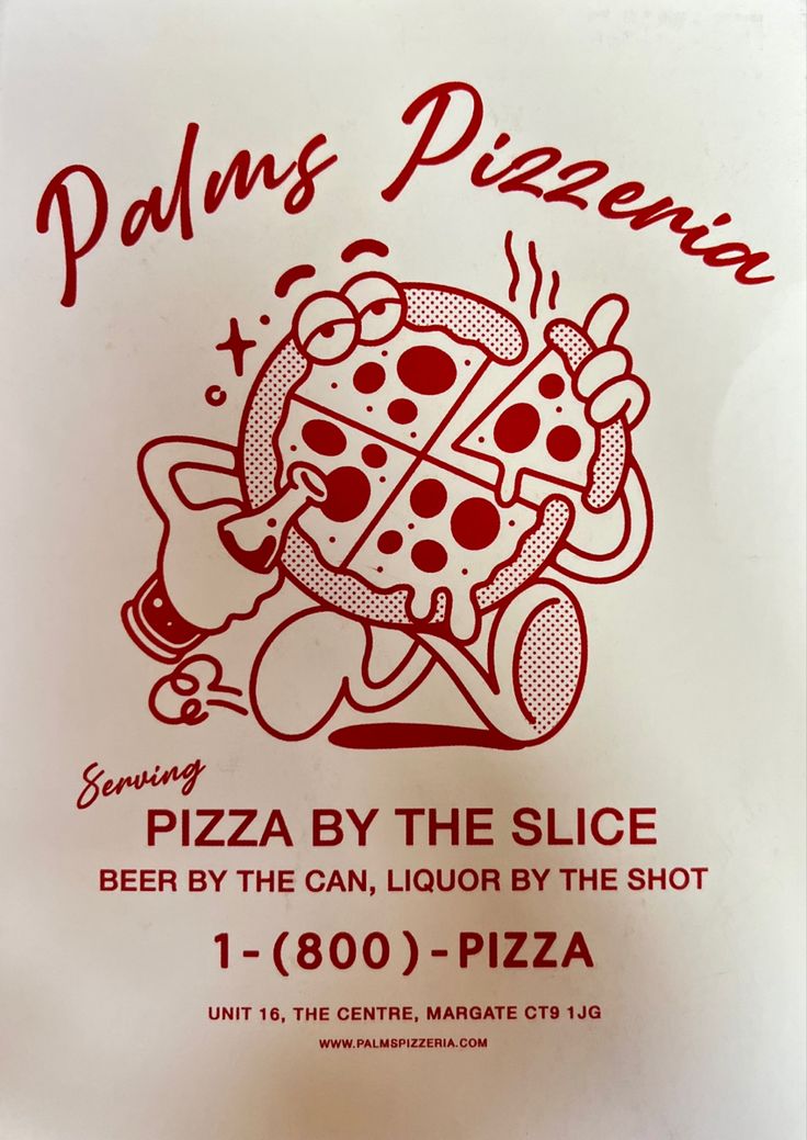 an advertisement for a pizza by the slice restaurant, featuring a cartoon character holding a large piece of pizza