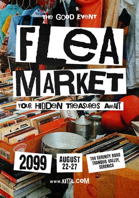 an advertisement for flea market with lots of items on the table and in front of it