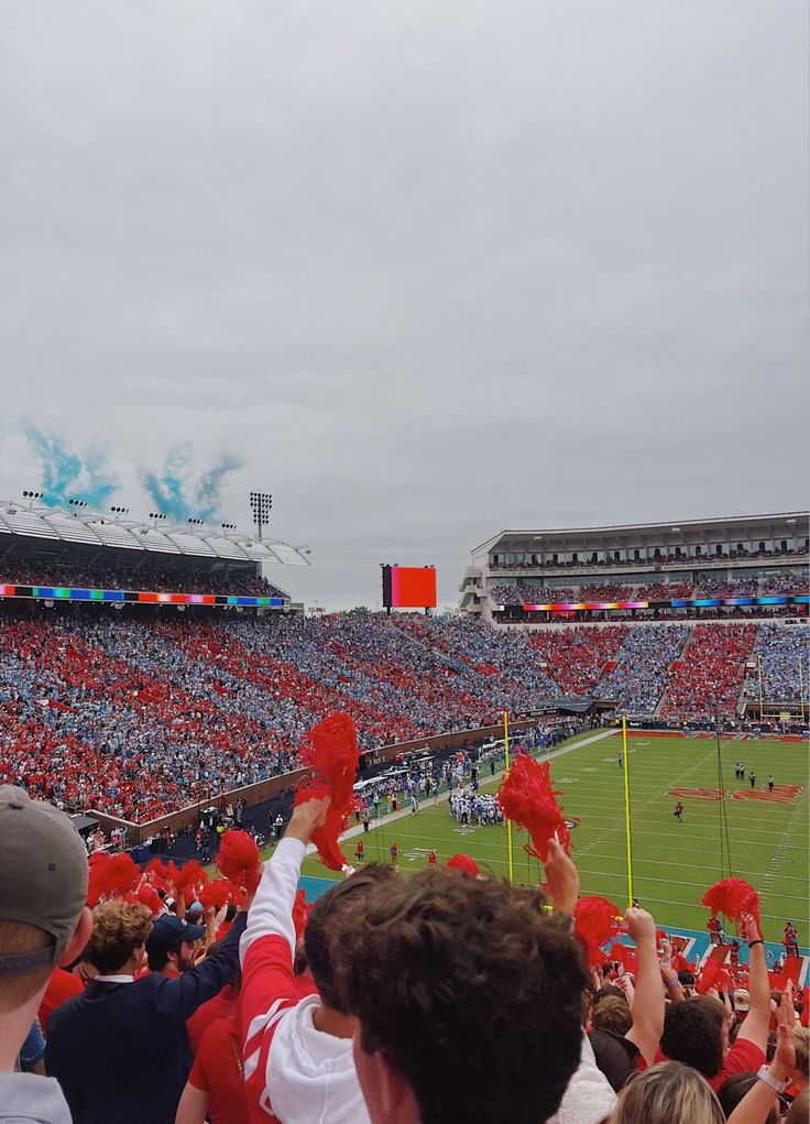 fans at a football game are holding up red pom - poms in the air