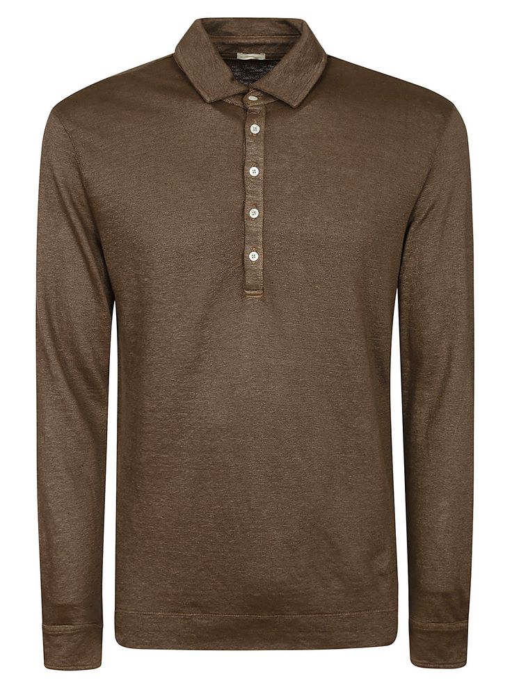 MASSIMO ALBA brown long-sleeved polo with collar and buttons.Composition: 100% Li Classic Brown Polo Shirt, Classic Brown Polo Shirt With Collared Neckline, Classic Brown Polo Shirt For Work, Designer Brown Collared Top, Classic Brown Long Sleeve Polo Sweater, Designer Collared Brown Top, Brown Collared Polo Sweater For Work, Collared Brown Polo Sweater For Work, Designer Brown Long Sleeve Tops