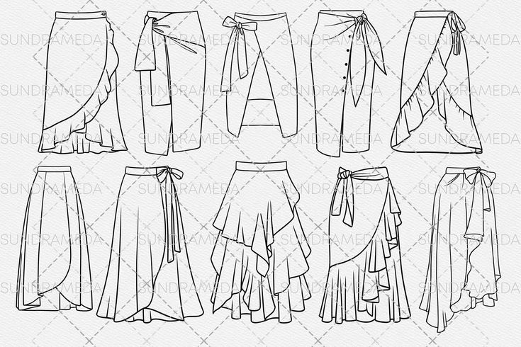 the front and back views of skirts with ties on each side, in black ink