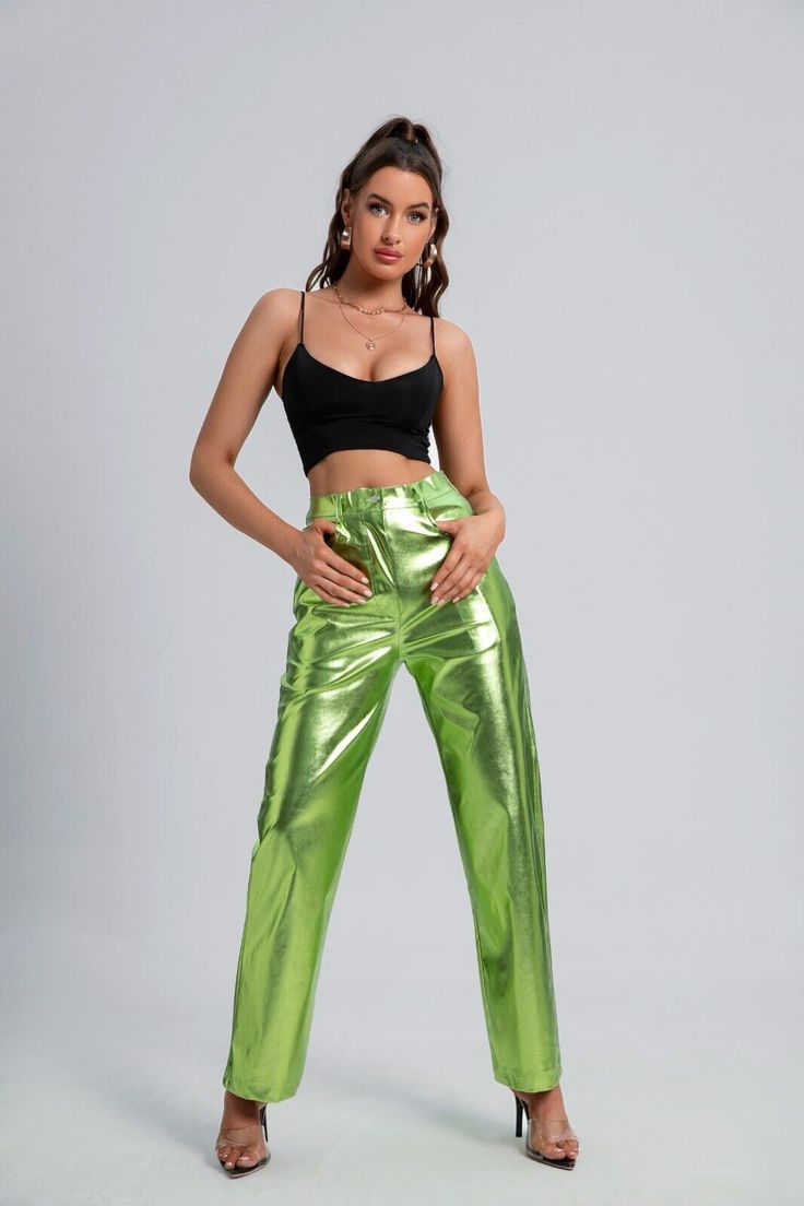 Candy Color High waisted PU leather  Pants Fabric: polyester Color: silver, green, blue, pink Weight: L-0.38kg Straight Leather Pants With Belt Loops For Night Out, Trendy High Waist Leather Pants For Spring, Trendy Pants For Night Out With Belt Loops, Trendy Pants With Belt Loops For Night Out, Stretch Leather Party Pants, Trendy Leather Pants For Spring Party, High Waist Faux Leather Pants For Spring, Chic Green Pants For Night Out, Trendy Wide Leg Leather Pants For Party