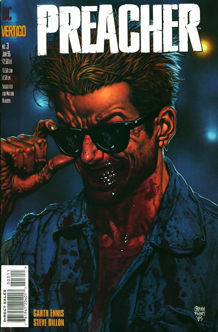 the cover to preacher comic book, which features a man with sunglasses on his face