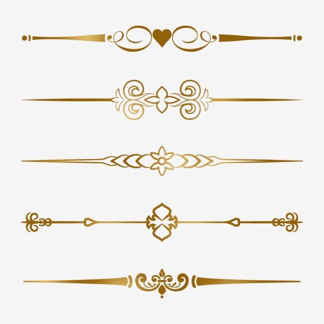 a set of golden decorative dividers with hearts and scrolls on white background stock photo