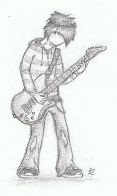 a pencil drawing of a person with a guitar in his hand and holding it up