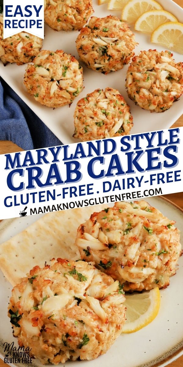 crab cakes with lemon wedges are on a white plate and the title reads maryland style crab cakes gluten - free dairy - free