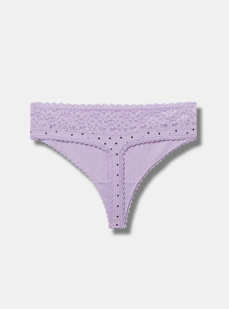 FIT Mid-rise. . Minimal coverage. . MATERIALS + CARE Cotton-blend knit fabric. 95% cotton, 5% spandex. Machine wash cold. Dry low. Imported. DETAILS Scalloped wide lace waistband. Dotted print. The best plus size women's cotton mid-rise thong panty panties in miranda dot lilac breeze made of cottonspan. Rock your look from Torrid to Festivals like Coachella and Lollapalooza, a concert, a show, or just for fun! Fitted Cotton Brief Bottoms, Fitted Cotton Briefs, Seamless Cotton Brief Bottoms, Spring Loungewear Bottoms With String, Stretch Cotton High-cut Leg Bottoms, Stretch Cotton Brief Bottoms, Fitted Seamless Cotton Bottoms, Star Girl, Bra Cups