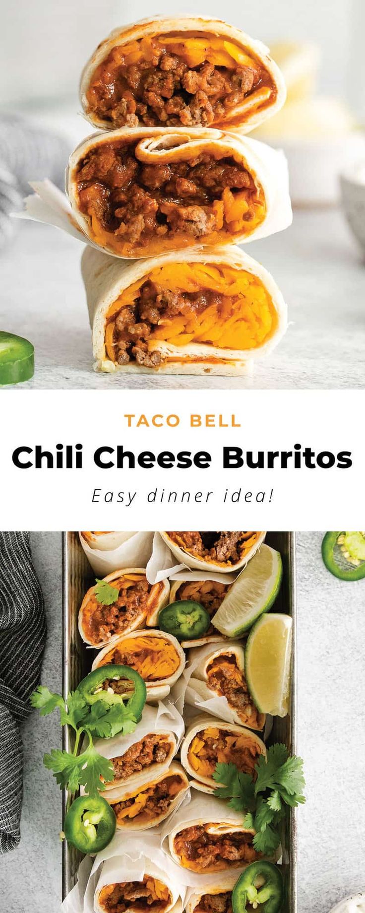 the taco bell chili cheese burritos are stacked on top of each other