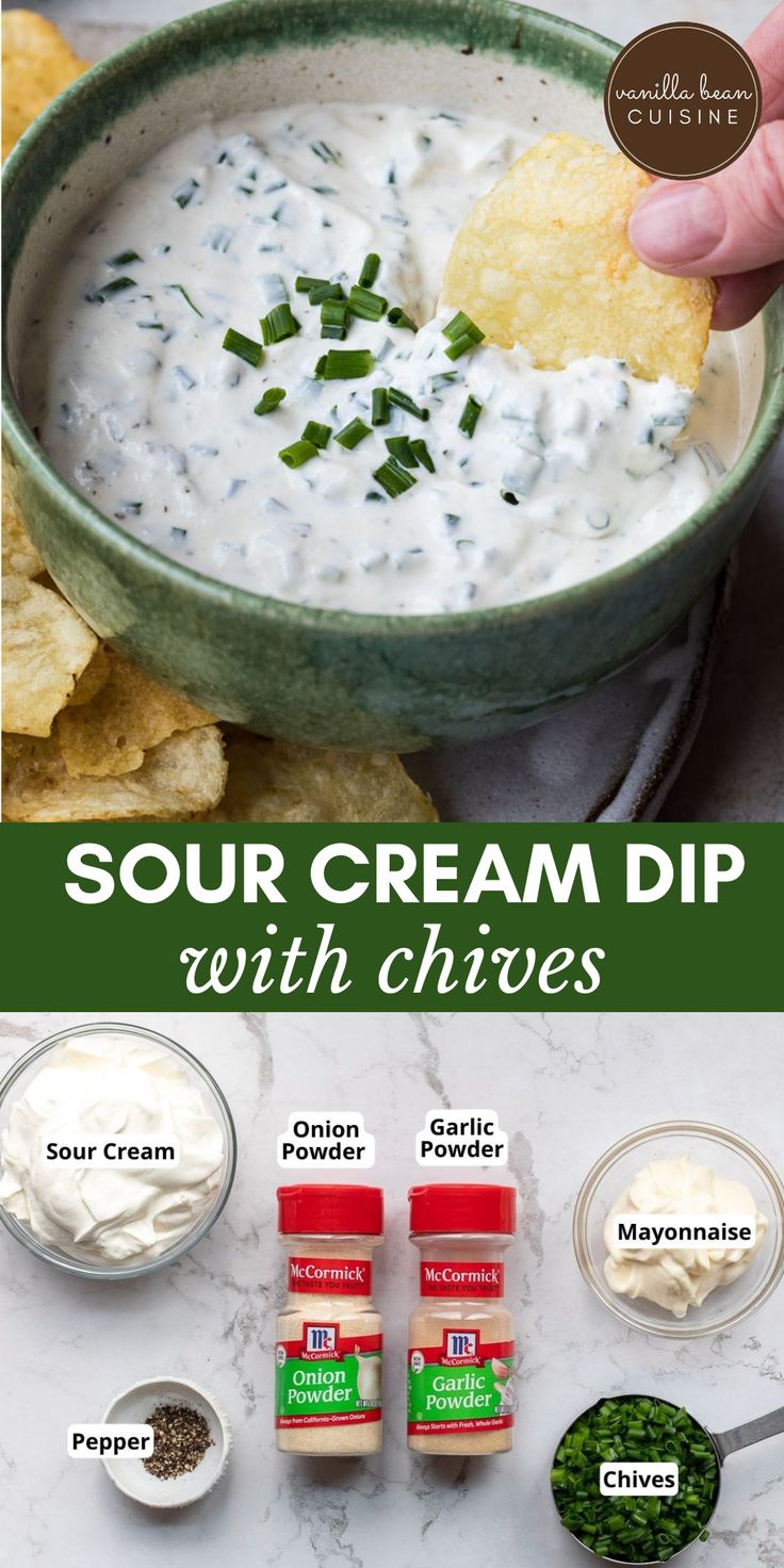 the ingredients to make sour cream dip with chives and tortilla chips in bowls