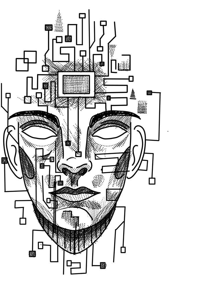 a black and white drawing of a man's face with circuit board in the background