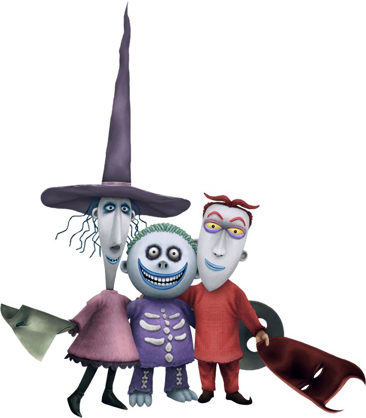 three cartoon characters dressed in halloween costumes and hats, standing next to each other with their arms around one another