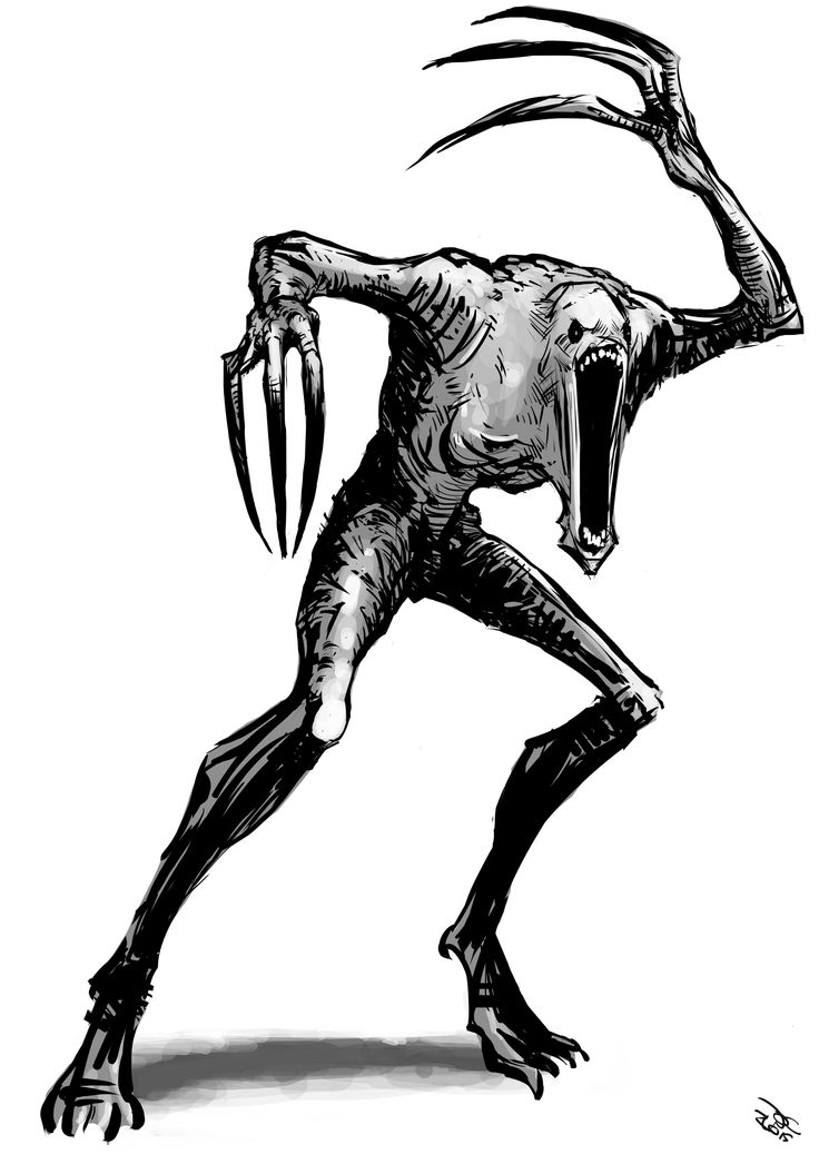 a drawing of a creature with claws on it's head and hands in the air