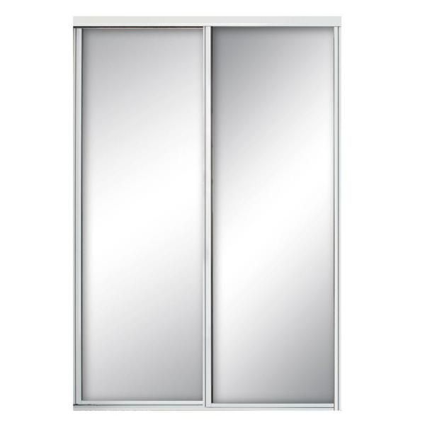 a white sliding door with mirrored glass doors on the front and side panels, in an open position