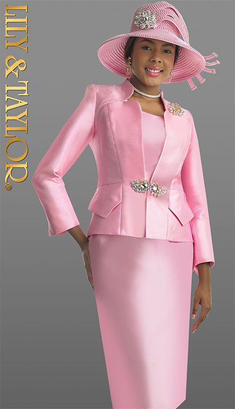 Lily And Taylor 3953-PNK Church Suit-Hat – Church Suits Fast Pink Fitted Sets For Formal Occasions, Formal Fitted Pink Sets, Pink Wedding Suits For Spring, Classic Pink Suit For Party, Classic Pink Party Sets, Elegant Pink Spring Suit, Elegant Pink Suits For Spring, Luxury Evening Sets For Spring, Luxury Satin Sets For Formal Occasions