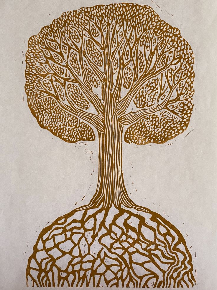 a drawing of a tree with roots in it