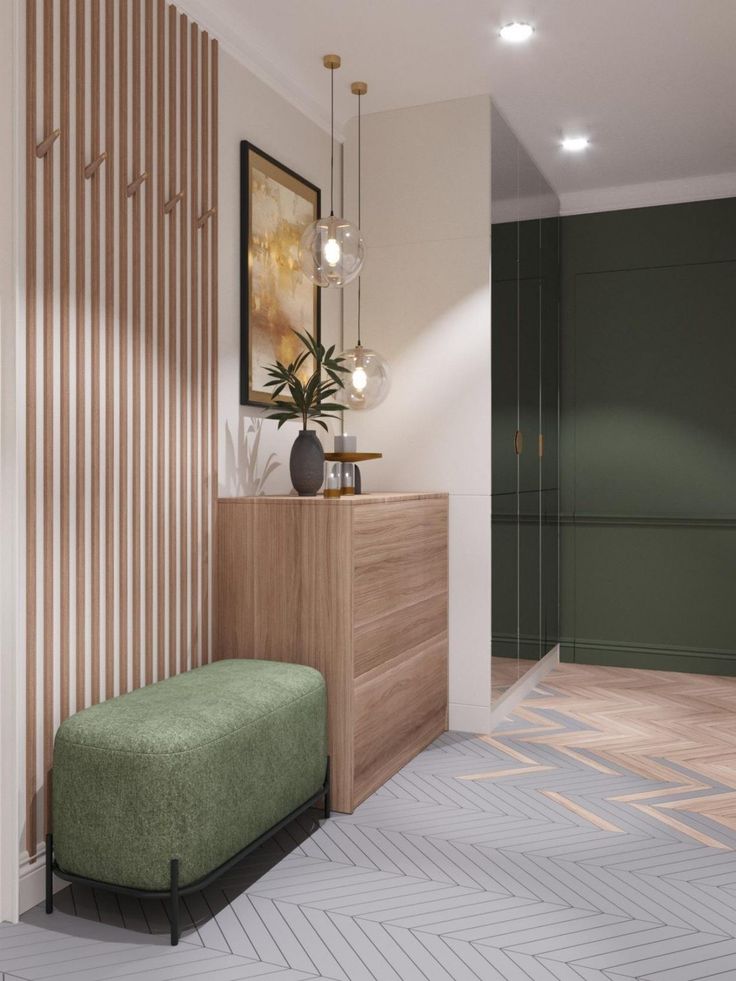 a living room with a green ottoman next to a wooden cabinet and plant on top of it