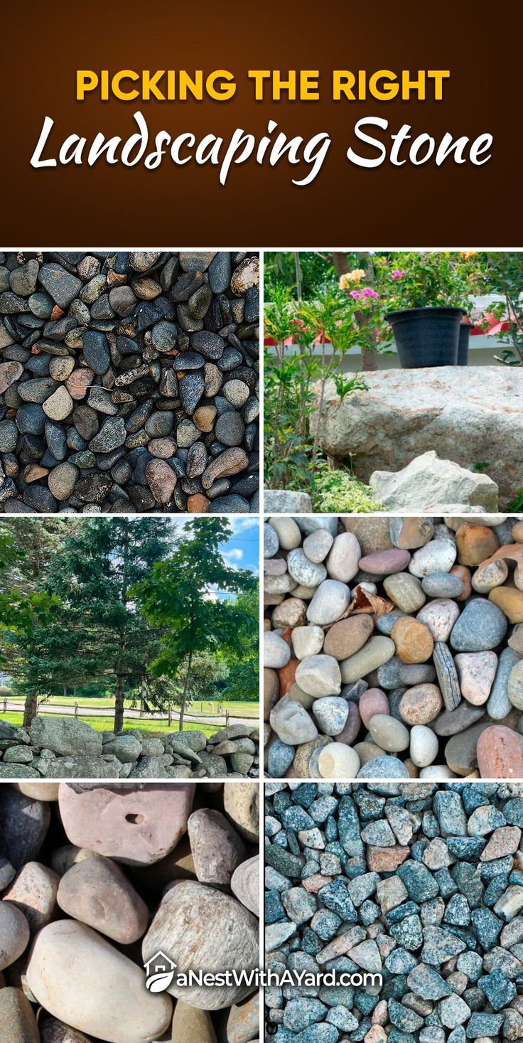 several different pictures of rocks and trees with the words picking the right landscaping stone on them