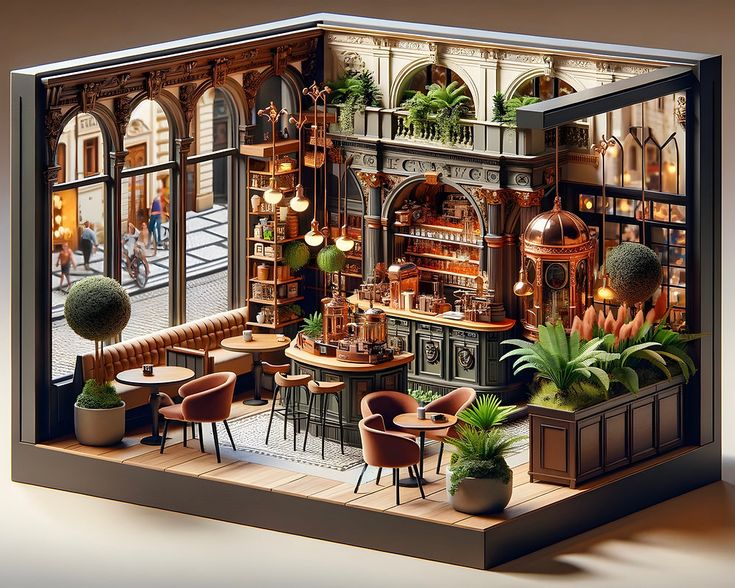 a model of a restaurant with potted plants on the tables and in front of an open window