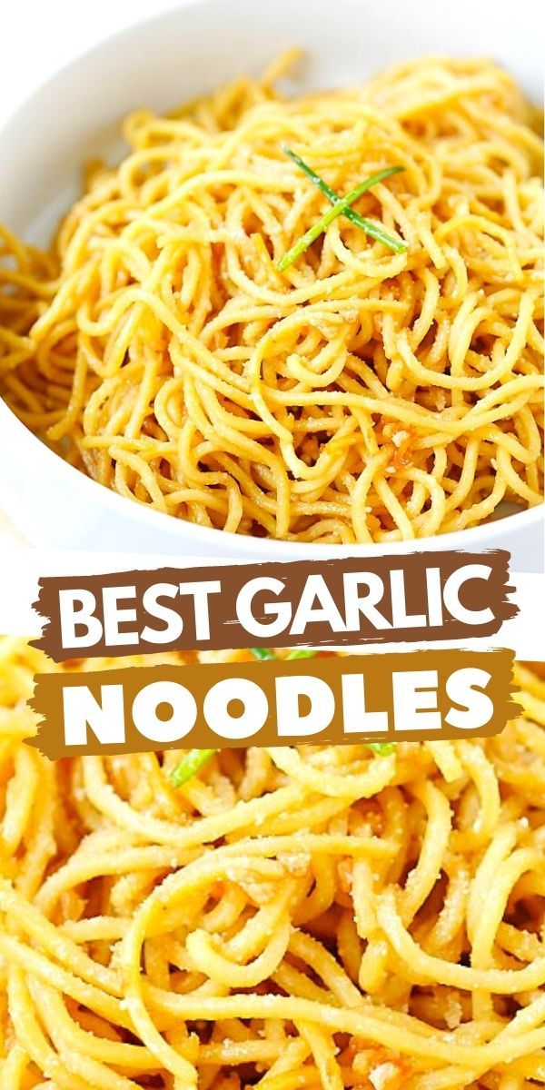 two bowls filled with noodles and the words best garlic noodles in front of them