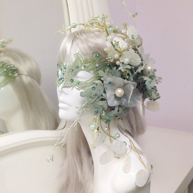 The mask and hair-flower accessories we are working on which pair with a Sea Foam Faerie Commission 🍃#seafoam #fairytale #faerie #fairy #mask #masquerade Fairy Mask Diy, Fae Masquerade Mask, Nature Masquerade Mask, Plant Masquerade Mask, Fairy Masquerade Mask, Forest Masquerade Mask, Floral Masquerade Mask, Forest Masquerade, Fae Party