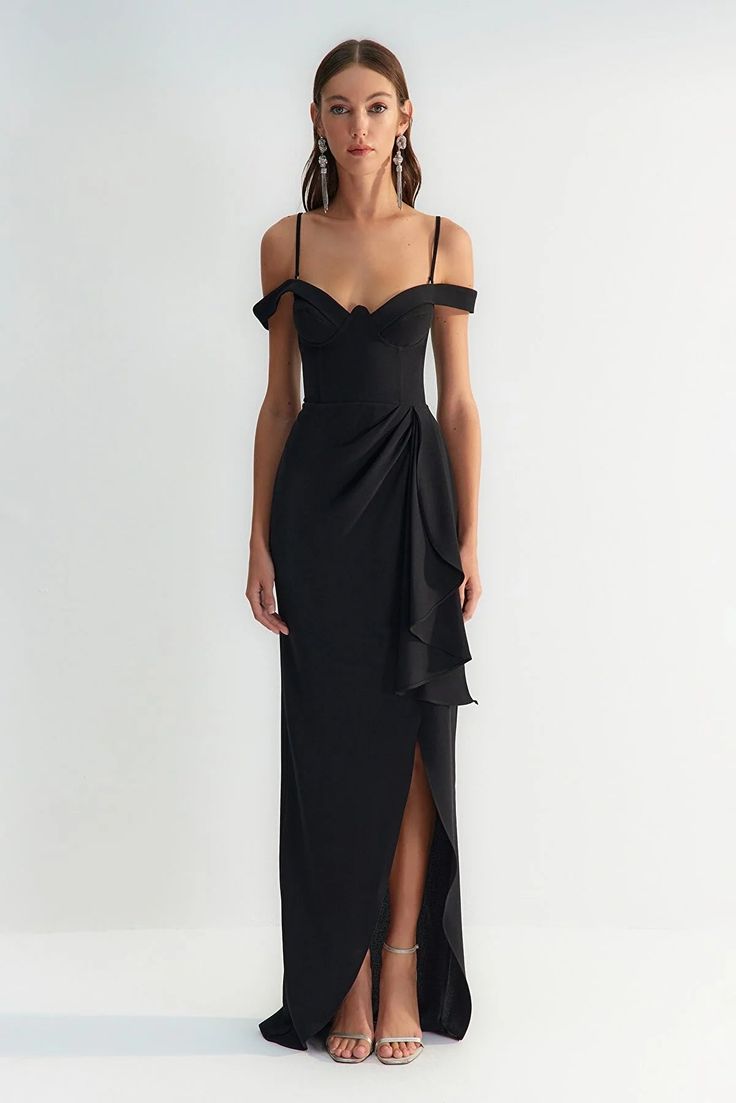 Black Ruffle Maxi Dress Length from Shoulder: 160 cm 100% Polyester Model Measurements: Height: 1.77 Bust: 83 Waist: 58 Hips: 89 cm  Model is wearing size S Spring Maxi Dress, Prom Dress Inspiration, Black Bridesmaid Dresses, Grad Dresses, Glam Dresses, Ruffled Maxi Dress, Homecoming Dress, Event Dresses, Fancy Dresses