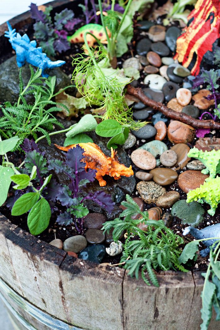 a wooden container filled with plants and rocks