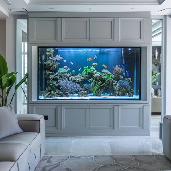 a fish tank in the middle of a living room