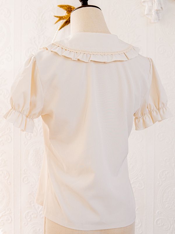 This price is for a blouse only.   	 		 			Size 			S 			M 			L 		 		 			Bust 			92 			96 			100 		 		 			Shoulders 			36 			37 			38 		 		 			Full Length 			55 			57 			59 		 		 			Sleeve Length 			19 			19.5 			20 Elegant Solid Tops With Peter Pan Collar, Elegant Solid Top With Peter Pan Collar, Elegant Solid Color Top With Peter Pan Collar, Elegant Solid Color Tops With Peter Pan Collar, Beige Cotton Top With Ruffled Collar, Beige Cotton Tops With Ruffled Collar, White Doll Collar Top For Work, Summer Office Tops With Peter Pan Collar, Beige Short Sleeve Padded Blouse