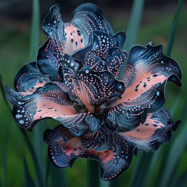 a blue and pink flower with lots of spots on it's petals, in the middle of green grass